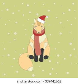 Vector illustration of a cute fox. Christmas background.