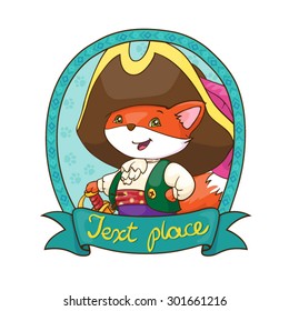 Vector illustration, cute fox in costume pirate, hat with feather and sword. Character design.