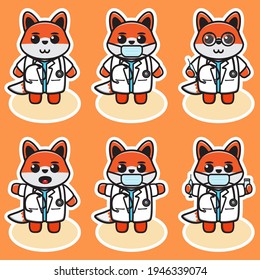 Vector illustration of cute Fox Doctor cartoon. Cute Fox expression character design bundle. Good for icon, logo, label, sticker, clipart.