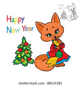  Vector Illustration of cute fox in a dress and Christmas tree  in color and outline; isolated on background.