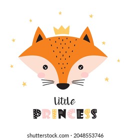 Vector Illustration Of Cute Fox Face In Crown And Lettering Little Princess Isolated On White Background, Scandinavian Style, Flat Design, Concept For Children Print