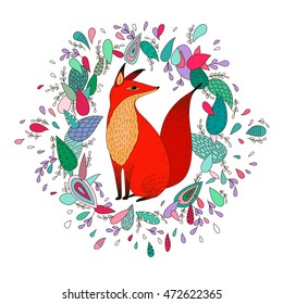 Vector illustration of cute fox in floral wreath. Invitation card in cartoon style