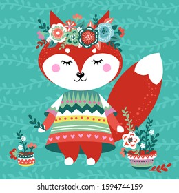 Vector illustration of a cute fox, with flowers, wreath, vases with flowers.