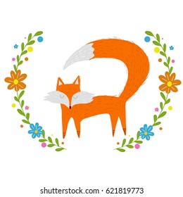 Vector illustration of cute fox and flowers in cartoon style.