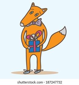 Vector illustration with cute fox with gift