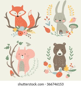 Vector illustration with cute fox, hare, bear and squirrel in floral frames in cartoon style