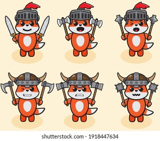 Ilustración vectorial de la tierna caricatura de Fox Knight con arma dual. Paquete de diseño de caracteres de expresión de Fox. Es bueno para el icono, logotipo, etiqueta, pegatina, clipart.