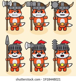 Ilustración vectorial de la tierna caricatura de Fox Knight arma de dos manos. Paquete de diseño de caracteres de expresión de Fox. Es bueno para el icono, logotipo, etiqueta, pegatina, clipart.