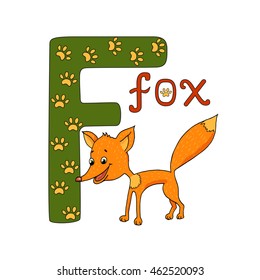 Vector illustration of cute fox and letter of the alphabet F. Funny hand drawn cartoon characters.