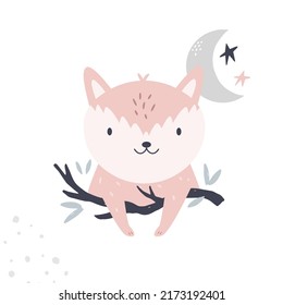 Vector illustration of a cute fox on a branch and moon. Adorable animal for prints, frame arts, wall designs