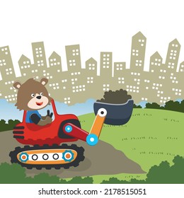 Vector illustration of cute fox riding contruction vehicle with cartoon style. Can be used for t-shirt print, kids wear, invitation card. fabric, textile, nursery wallpaper and other decoration.