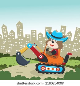 Vector illustration of cute fox riding contruction vehicle with cartoon style. Can be used for t-shirt print, kids wear, invitation card. fabric, textile, nursery wallpaper and other decoration.