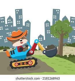 Vector illustration of cute fox riding contruction vehicle with cartoon style. Can be used for t-shirt print, kids wear, invitation card. fabric, textile, nursery wallpaper and other decoration.