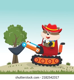 Vector illustration of cute fox riding contruction vehicle with cartoon style. Can be used for t-shirt print, kids wear, invitation card. fabric, textile, nursery wallpaper and other decoration.