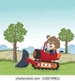 Vector illustration of cute fox riding contruction vehicle with cartoon style. Can be used for t-shirt print, kids wear, invitation card. fabric, textile, nursery wallpaper and other decoration.