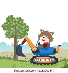 Vector illustration of cute fox riding contruction vehicle with cartoon style. Can be used for t-shirt print, kids wear, invitation card. fabric, textile, nursery wallpaper and other decoration.