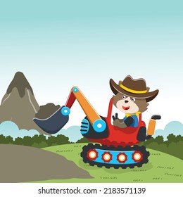Vector illustration of cute fox riding contruction vehicle with cartoon style. Can be used for t-shirt print, kids wear, invitation card. fabric, textile, nursery wallpaper and other decoration.
