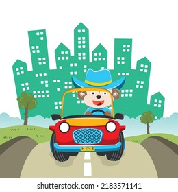 Vector illustration of cute fox riding contruction vehicle with cartoon style. Can be used for t-shirt print, kids wear, invitation card. fabric, textile, nursery wallpaper and other decoration.