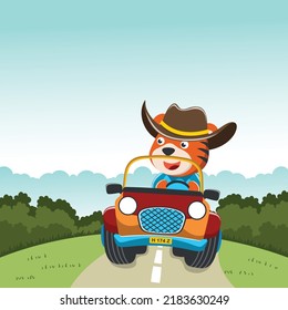 Vector illustration of cute fox riding contruction vehicle with cartoon style. Can be used for t-shirt print, kids wear, invitation card. fabric, textile, nursery wallpaper and other decoration.