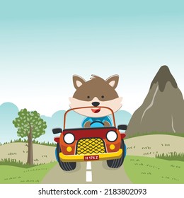 Vector illustration of cute fox riding contruction vehicle with cartoon style. Can be used for t-shirt print, kids wear, invitation card. fabric, textile, nursery wallpaper and other decoration.