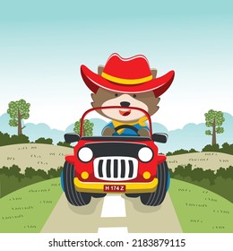 Vector illustration of cute fox riding contruction vehicle with cartoon style. Can be used for t-shirt print, kids wear, invitation card. fabric, textile, nursery wallpaper and other decoration.