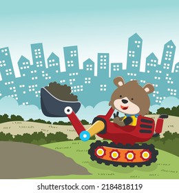 Vector illustration of cute fox riding contruction vehicle with cartoon style. Can be used for t-shirt print, kids wear, invitation card. fabric, textile, nursery wallpaper and other decoration.