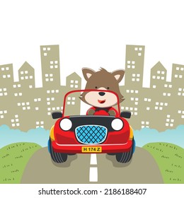 Vector illustration of cute fox riding contruction vehicle with cartoon style. Can be used for t-shirt print, kids wear, invitation card. fabric, textile, nursery wallpaper and other decoration.