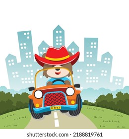 Vector illustration of cute fox riding contruction vehicle with cartoon style. Can be used for t-shirt print, kids wear, invitation card. fabric, textile, nursery wallpaper and other decoration.