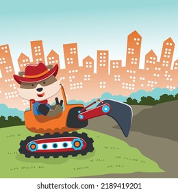 Vector illustration of cute fox riding contruction vehicle with cartoon style. Can be used for t-shirt print, kids wear, invitation card. fabric, textile, nursery wallpaper and other decoration.