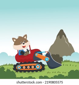 Vector illustration of cute fox riding contruction vehicle with cartoon style. Can be used for t-shirt print, kids wear, invitation card. fabric, textile, nursery wallpaper and other decoration.