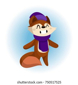 Vector Illustration of a Cute Fox in Scarf and Hat, Cartoon Animal Character, Card