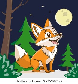 Vector illustration of a cute fox sitting in a winter night forest, suitable for children, books, and education.