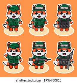 Ilustración vectorial de la tierna caricatura de Fox Soldier. Paquete de diseño de caracteres de expresión de Fox. Es bueno para el icono, logotipo, etiqueta, pegatina, clipart.