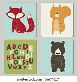 Vector illustration of cute fox, squirrel, bear and alphabet in cartoon style