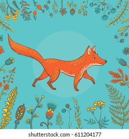 Vector illustration of cute fox surrounded by plants and flowers. Vector template for graphic and textile design