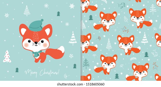 Vector illustration of a cute Fox  in a winter forest. Greeting Christmas card and seamless pattern.