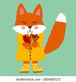 Vector illustration. Cute fox in a yellow raincoat and rubber boots with a bouquet of autumn leaves.