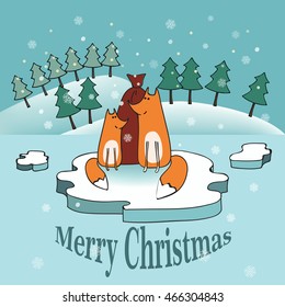 Vector illustration of cute fox.Christmas card with   foxses.
