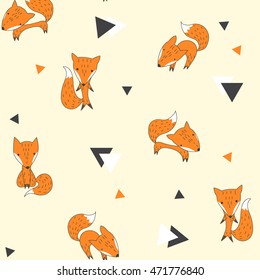 Vector illustration with cute foxes, and black and white triangle on a yellow background. Cheerful children's background with wildlife. Good for print, textile, fabrics, wallpaper, decoration.