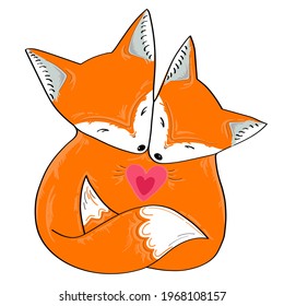 Ilustración vectorial zorros lindos en el amor sobre fondo aislado blanco