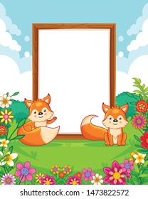 Vector illustration of cute foxes with wood blank sign in the park