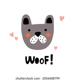 vector illustration of a cute french bulldog, hand lettering woof text, isolated background, print for kids with a dog