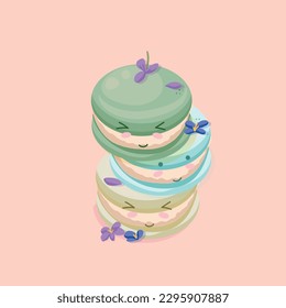 Ilustración vectorial de macarones franceses graciosos al estilo de las caricaturas de Kawaii