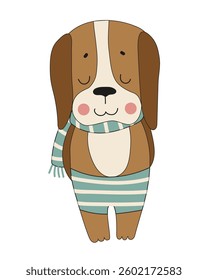 Vector illustration of a cute, friendly cartoon dog with a striped scarf, ideal for children’s projects and fun decorations.