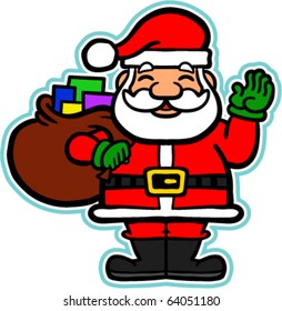 Vector illustration of a cute friendly cartoon Santa Claus waving and carrying a bag of Christmas presents.