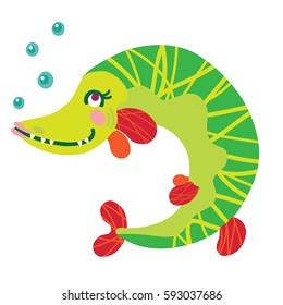 A vector illustration of cute friendly girlish pike fish. Cartoon character.