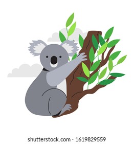 Vector illustration of a cute and friendly koala bear searching for food by climbing eucalyptus or gumtree in Australia bush forest. Koala drawing for ecological and environment problems articles.