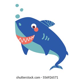 A Vector Illustration Of Cute Friendly Shark, Big Blue Smiling Shark. Cartoon Character.