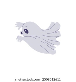 Vector illustration with a cute frightening ghost in flight on a white background. Festive funny cartoon style design is perfect for Halloween decoration