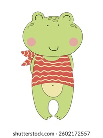 Vector illustration of a cute frog character in a red wavy-patterned scarf, smiling and looking adorable.